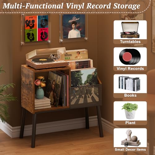 Image of Record Player Stand with Storage, 3-Tier Step Vinyl Record Storage Holder up to 200 Albums, Small Vintage Record Player Table, Turntable Stand Recordsfor Living Room, Bedroom