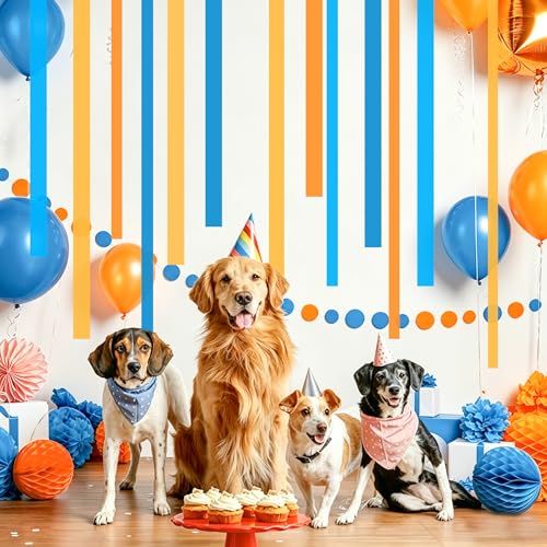 Image of 8 Rolls Crepe Paper Streamers, Blue and Orange Streamers Party Decorations for Blue Dog Paw Birthday Party Cartoon Bunting Puppy Dog Theme Celebration Decorations