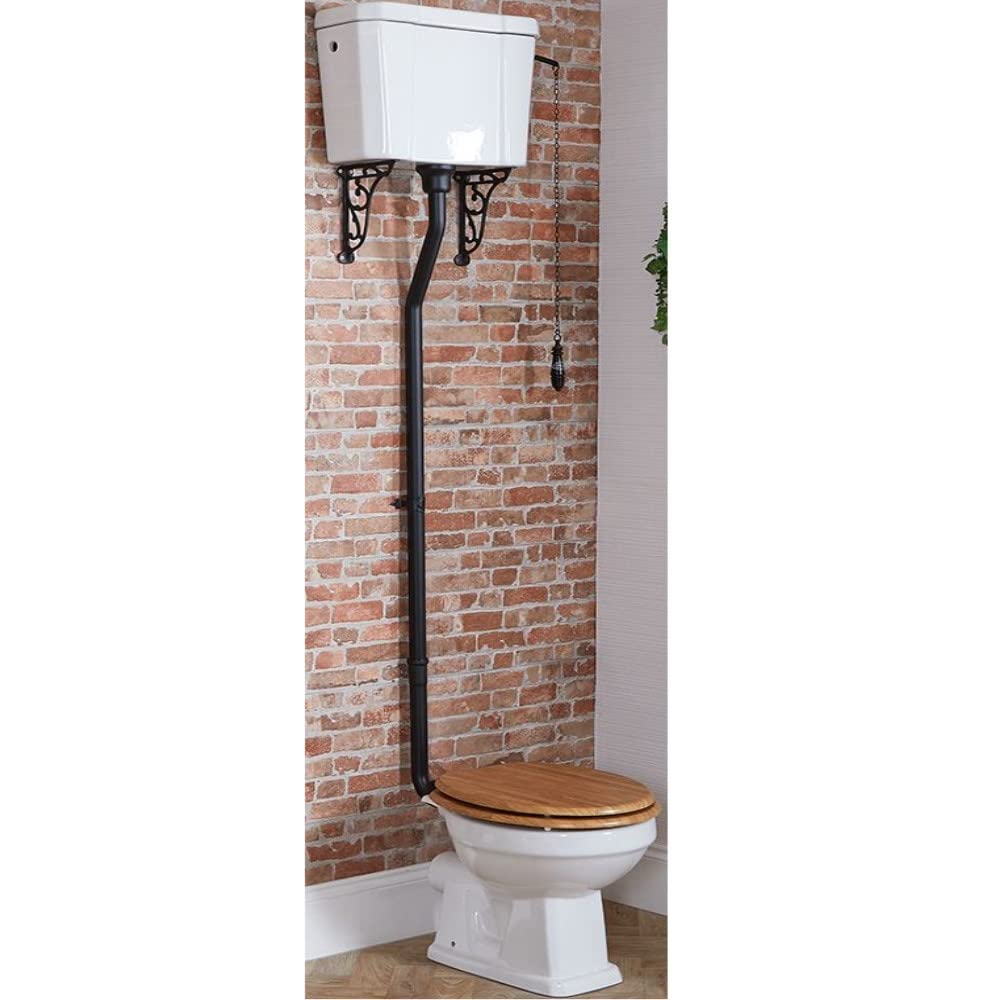 Milano Black Richmond Comfort Height High Level Cistern Toilet Wc Oak Effect Seat - Flush Kit