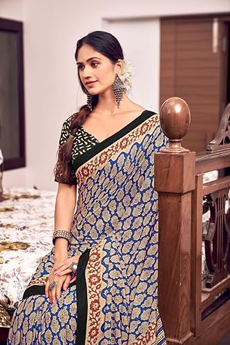 Image of Ikkat Hand Print Soft Mul Cotton Lightweight Saree with Blouse Piece, Multicolour