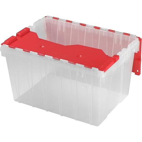 Akro-Mils KeepBox 12 Gallon Storage Container, Nesting and Stackable Plastic Storage Box with Lid Attached, Clear Tote for Garages, Closets, and Moving, 21-1/2" x 15" x 12-1/2", Clear/Red