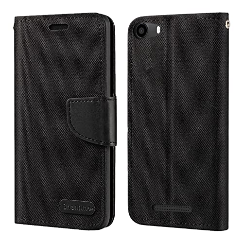 Étui Portefeuille en Tissu Oxford et Cuir PU Compatible avec Wiko Lenny 2, Coque Robuste avec Rabat Magnétique et Fentes Cartes (Noir)