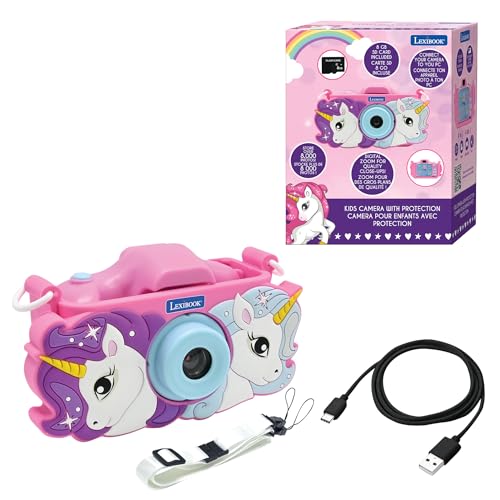 Lexibook Einhorn 4-in-1 Kinderkamera mit Schutz, Foto-, Video-, MP3- und Spielfunktionen, 15 Rahmen zum Personalisieren Ihrer Fotos, inklusive 8 GB Speicherkarte, DJ078UNI