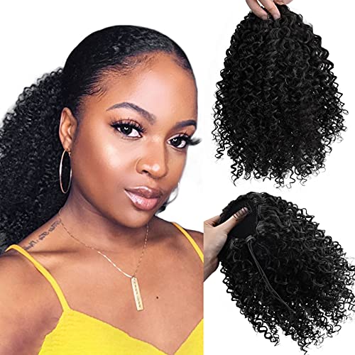 SEIKEA Drawstring Ponytail Curly Kinky for Black Women Afro Puff Drawstring Ponytail Natural Soft Synthetic Hairpieces Clip in Hair Extensions 9 Inch Color Black