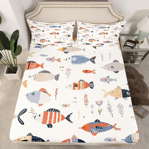 Image of jejeloiu Fish Bed Sheets Set Full Size Ocean Sea Animal Deep Pocket Fitted Sheet Marine Theme Bedding Sets Marine Theme Soft Bed Set 4Pcs with 2 Pillow Cases