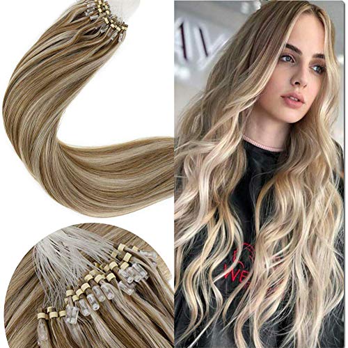 LaaVoo 16inch Micro Loop Hair Extensions 100% Remy Human Hair Extensions Per Bonded Straight Micro Ring Links Hair Popular Highlight Color Ash Brown Fading to Light Blonde 50g/50s#P8/24