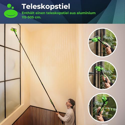 VHAYR Teleskop-Reinigungsbürste, 505 cm, professionelle Glasreinigung, Solarbürste, Teleskop-Fensterreiniger mit Gummischaber und Mikrofaser- und Chenille-Ersatzteilen