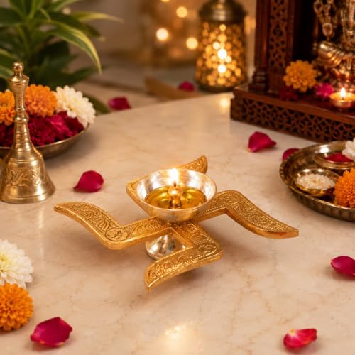 Image of Brass Swastik Diya for Pooja | Traditional Brass Oil Lamp Deepak for Home Temple, Diwali, Navratri, Lakshmi Puja & Spiritual Decor Jyot Diya