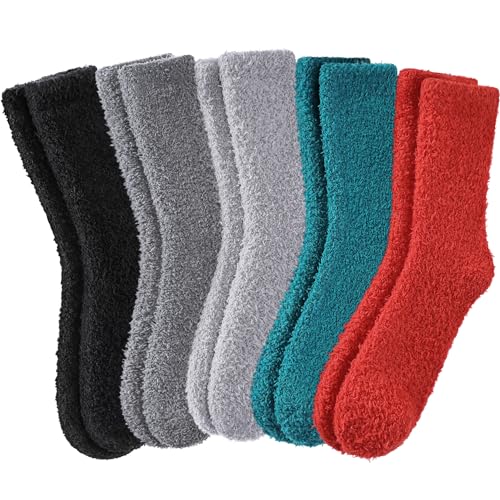 DYW Fuzzy Socks for Women Fluffy Winter Warm Slipper Soft Cozy Home Sleeping Socks 5 Pairs Black/Dark Grey/Light Grey/Green/Red
