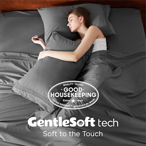 Image of Bedsure Deep Pocket Twin Sheets Set - Fits Mattresses Up to 21 Inches Thick -3 Piece GentleSoft Bed Sheets, Moisture Wicking, Soft & Cooling Bedsheet & Pillowcases, Easy & Secure Fit, Dark Grey