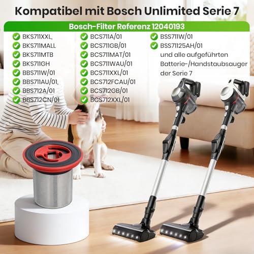 12040193 Ersatzfilter für Bosch Unlimited Serie 7 schnurlosen Staubsauger BKS711XXL BBS711W BBS712A BCS711GB BKS711MALL, 2 HEPA-Filter + 1 Edelstahl-Vorfilter
