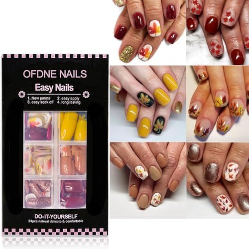 144 Pcs Fall Press on Nails Kit Short Square Fake Nails 6 Style F...