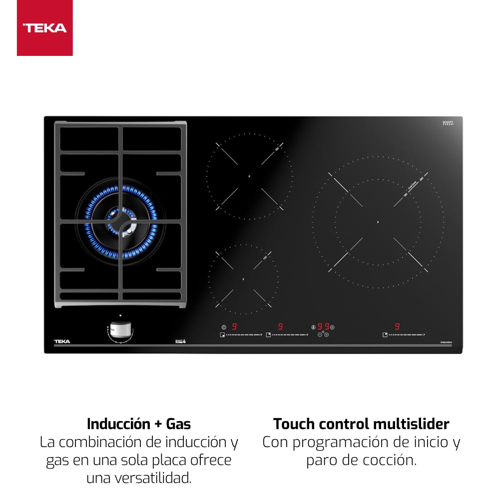 TEKA Placa de Gas Cristal + Inducción Hybrid 90 cm, 4 Zonas (3 Inducción + 1 Gas), Touch Control Multislider, ExactFlame, Doble Anillo, Stop&Go, Modelo JZC 94313 ABN