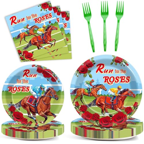 Image of Qyeahkj 100 Pcs Kentucky Party Supplies Derby Day Tableware Set Run for The Roses Party Plates Napkins Forks Disposable Horse Racing Decorations for Equestrian Enthusiasts Race Day Serves 25