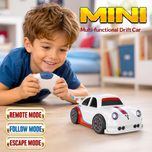 Image of VGRASSP 2.4GHz Rechargeable Mini RC Drift Stunt Car Toy for Kids with LED Headlights and Sound Effects - Interactive Remote Control Racing Car with Follow Me and Escape Mode - White