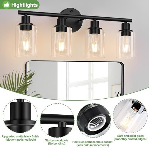 image for Zarbitta 4-Light Bathroom Light Fixtures, Matte Black Modern Vanity Li