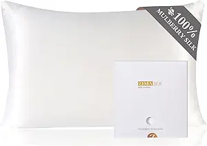 ZIMASILK 100% Pure Mulberry Silk Pillowcase for Hair and Skin Health,Soft and Smooth,Both Sides Premium Grade 6A Silk,600 Thread Count,with Hidden Zipper,1pc (King 20''x36'',White)