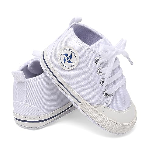 Baby Boys Girls Star High Top Sneaker Soft Anti-Slip Sole Newborn Infant First Walkers Canvas Denim Shoes (11cm, A-White, 0-6 Months Infant)4