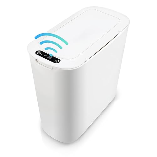 Papelera, pequeño sensor de movimiento sin contacto, cubo de basura con tapa, 2.6 galones (blanco)