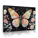 黒い背景キャンバス壁アート蝶と花プリント絵画ピンクインクアート壁の装飾ストレッチと額装35x52cmのインナーフレームを吊るす準備ができて