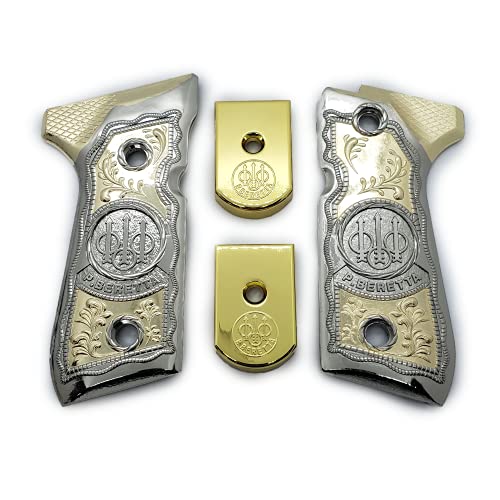 Tek_Tactical Combo Beretta 92 96 Grips Beretta 92F, 92FS, M9, 96 Metal Grips Nickel/Gold 2 X Plated Beretta Magazine Plates