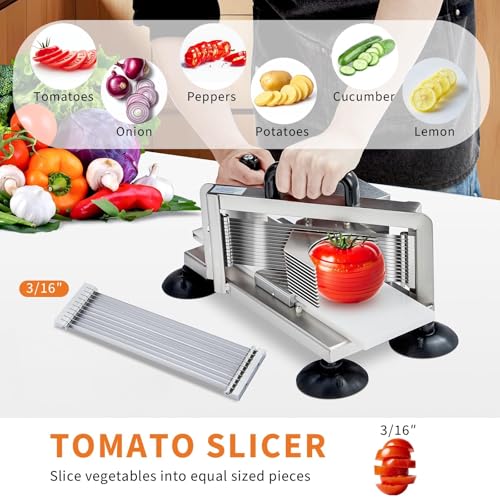 Kommerzieller robuster Tomatenschneider, Edelstahl, Tomatenschneider, manueller Tomatenschneider mit Schneidebrett und rutschfesten Füßen, 13 Stück/Zeit, Silber