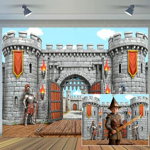 Fond de photographie enfants anniversaire château médiéval vintage en pierre 3x2,4m