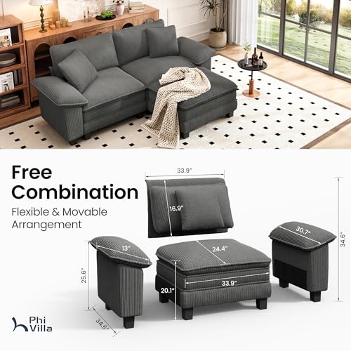 Image of PHI VILLA 87.5 inch Oversized Sectional Loveseat Sofa with 1 Movable Ottoman | Corduroy Grey, Wider Armrest, Comfy Deep Seat, Wood Frame, Modern Cloud Modular Couch for Living Room and Apartment