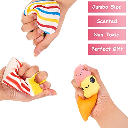 Slow Rising Jumbo Squishies Set Pack Of 7 - Rainbow Triangle Cake, Frappuccino, Popcorn, Donuts X2 & Ice Cream X2, Kawaii Squishy Toys Or Stress Relief Toys Sticker Come With The Squishys #TOP2