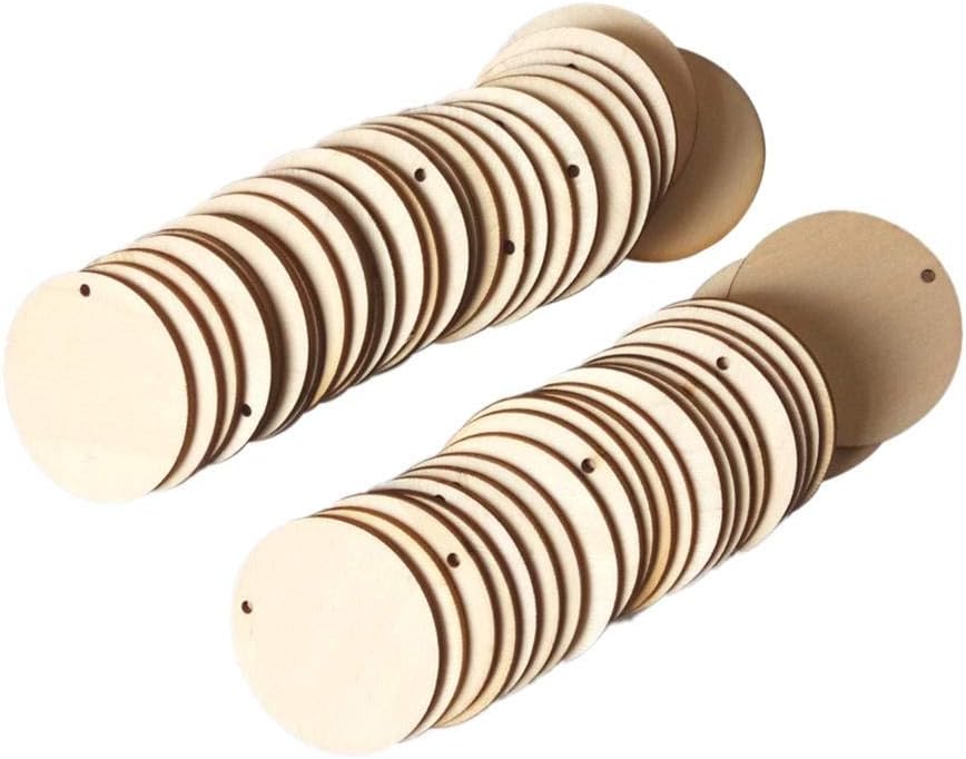 Losuya 50pcs Wood Disc Slices Tag with Hole Round DIY Craft Boards Props DIY Gift Tag Home Decoration