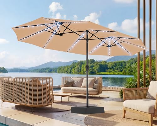 SUPERJARE 15ft Large Patio Umbrella with Base included Double Sided Outdoor Umbrella with Solar Lights Pool Umbrella with Fade Resistant Canopy for Deck Porch Yard Balcony Beige