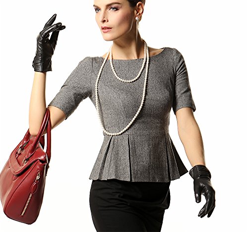 Warmen Women's Lambskin Leather Cold Weather Gloves with Crossing Bow (7, Black (Touchscreen Function/Wool Lining)) - Thumbnail 5