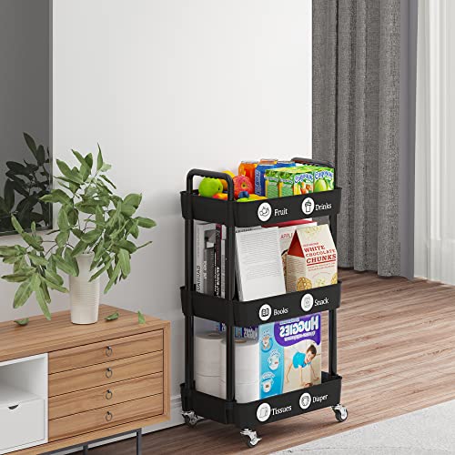 Laiensia 3-Tier Storage Cart,Multifunction Utility Rolling Cart Kitchen Storage Organizer,Mobile Shelving Unit Cart With Lockable Wheels For Bathroom,Laundry,Living Room,With Classified Stickers,Black #TOP4