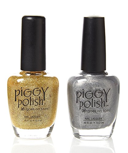 Piggy Polish Gold Glitter and Silver Shimmer, Glittery, Fun Nail Polish 2 Pack, Health Ingredients, Cruelty Free.5 oz Bottles