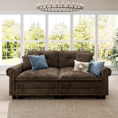 Image of SUNSHINE VALLEY 73.2 inch Modular Loveseat Cloud Couch Rolled Arms & Deep Seats | Mid-Century Modern 2-Seater Loveseat, Grayish Brown, Nailhead Trim, Wider & Deeper Seats, Soft Chenille Sofa for Living Room