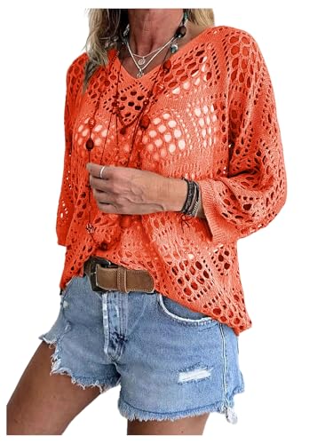Verdusa Women's Plus Size Hollow Out Sheer Sweaters 3/4 Sleeve V Neck Crochet Pullovers