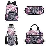 FUIBENG Cartoon Pug Dog Schoolbag Set 4In 1,Pug Dog Purple Floral School Backpack Set with Lunch Box Pencil Bag Bottle Carrier Bag Sling Bags for Boy Girl Middle School Primary Student Bookbag