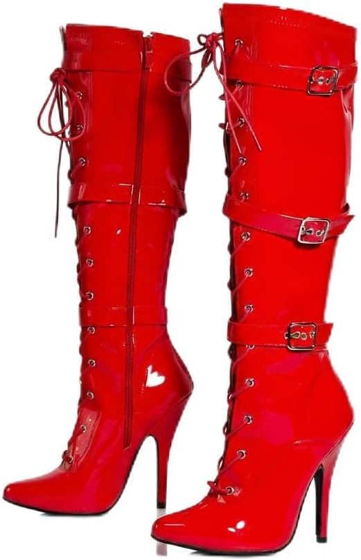 Womens High Heel Lace Up Boots With 3 Buckles - Ladies Kinky Fetish Stiletto Heel Full Side Zip Knee High Boots For Women Size UK 3-12
