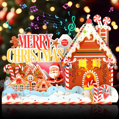 Christmas Cards, 3D Pop Up Musical Christmas Card with Lights, Gingerbread Man Cake-Colored House & Santa Pattern, Includes Envelop