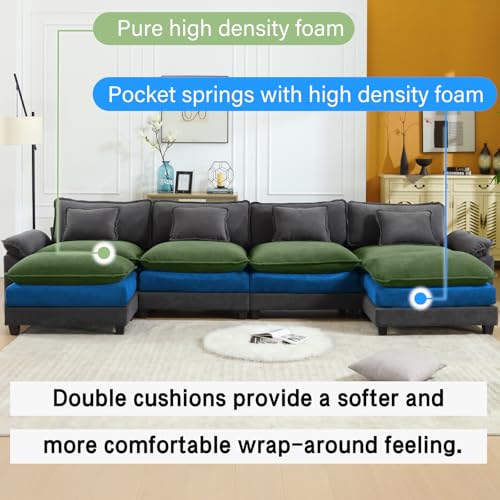 Image of Oprisen 154 inch Modular Sectional Sofa, Comfy Cloud Couch Sectional Sofa with Ottoman, Velvet Sofa Sleeper Deep Seat Sofa with Throw Pillows for Living Room (Blue Gray, 154 inch- U Shape)