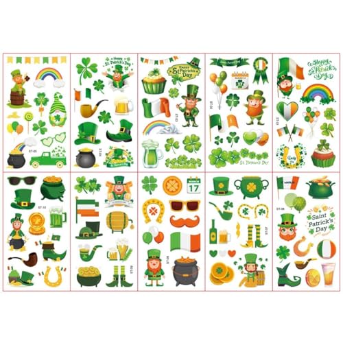 Tsathoggua 107 Styles St Patricks Day Decorations Temporary Tattoos, 10 Sheets St. Patrick's Day Tattoo Stickers, Shamrock Leprechaun Hat Irish Flags, Irish...