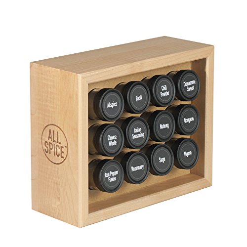 AllSpice Wood Spice Rack, Includes 12 4oz Jars- Maple