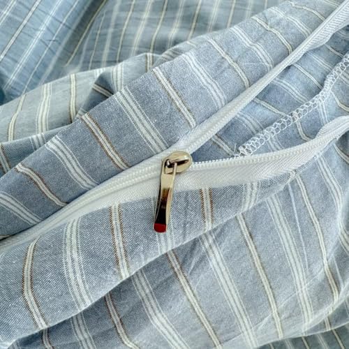 Image of PinkMemory Blue Striped Duvet Cover Set King 100% Washed Cotton Blue Stripes Bedding Duvet Cover Set with Streak Pillowcases-Ultra Soft Breathable Zipper Closure Corner Ties