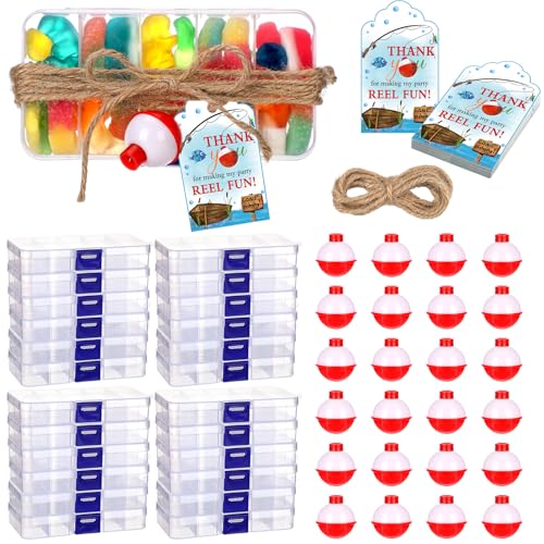 Image of Wonderjune 48 Sets Fishing Party Favors Candy Little Tackle Boxes with Red White Floater Thank You Cards for Making My Reel Fun Fishing Theme Party Decorations