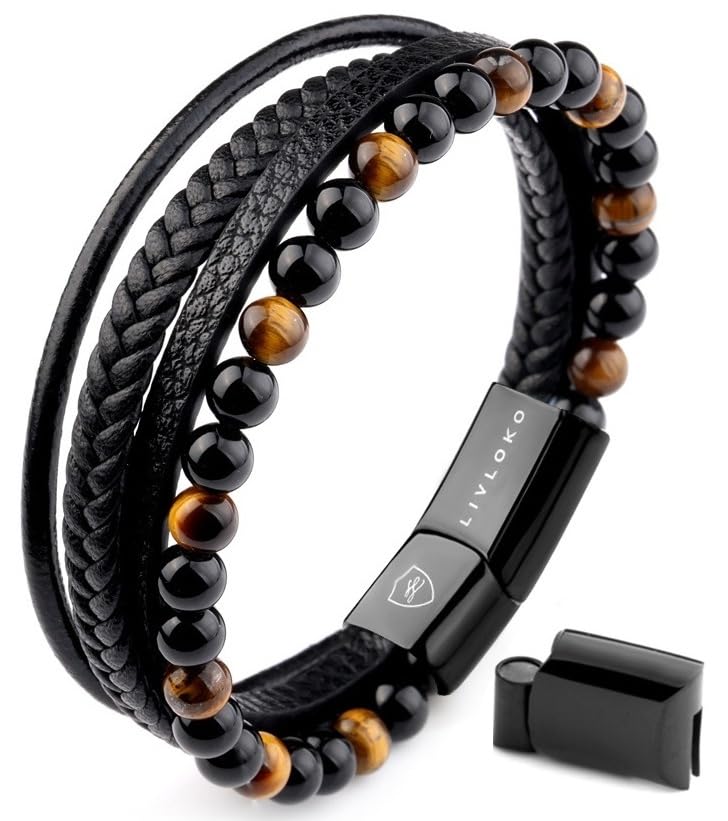 LIVLOKOLONDON Mens Bracelet Leather Black Multi-Layer Stone Beads Magnetic Adjutable Steel Clasp Viking Rope Bands Surfer Man Wristband Male UK Jewellery Gift box Boyfriend Dad Son Brother Tiger Eye