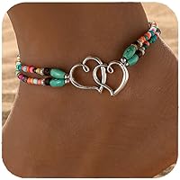 Boho Heart Ankle Bracelet for Women - Elastic Double Layer Turquoise Beaded Anklet, Dainty Beach Jewelry