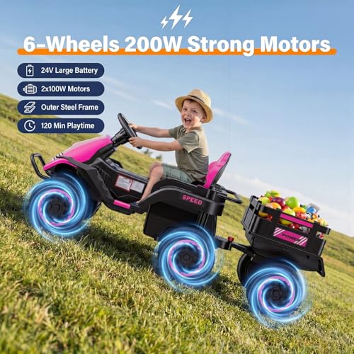 Image of Hikole 24V Ride on Toys Tractor for Kids 3+ w /Trailer, Electric Car, Pink