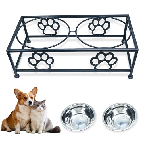 Elevated Dog Bowls Hongshifu Stainless Steel Dog - Cat Food Bowls and Holder for Cats & Small Dogs Raised Metal Wire Stand (Black)