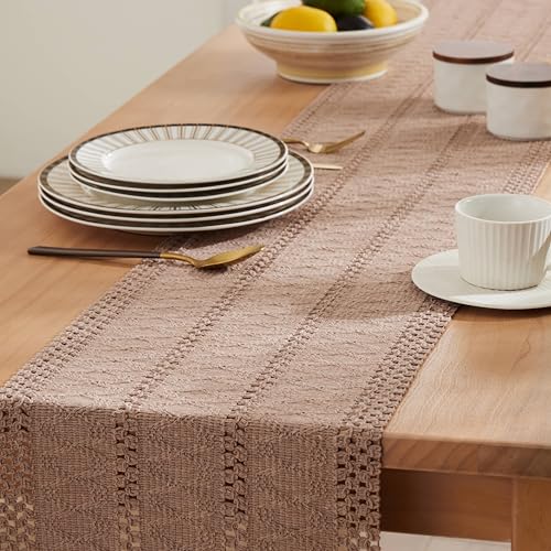 Image of ZeeMart Macrame Style Boho Table Runner, Taupe Table Runners 60 Inches Long, Farmhouse Woven Home Decor, 12x60 Inch, Taupe