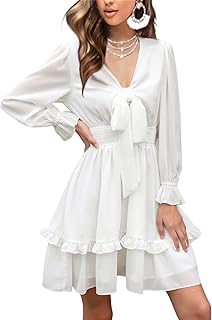 Sponsored Ad - EXLURA Women Tie Front Elastic Waist Tiered Ruffle Layer Floral Balloon Long Sleeve V-Neck A-Line Mini Dress